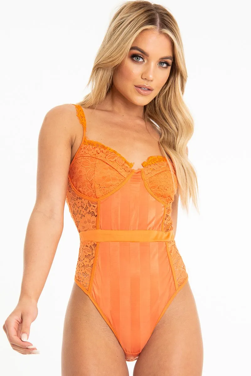 Orange Lace Mesh Stripe Cup Detail Bodysuit - India