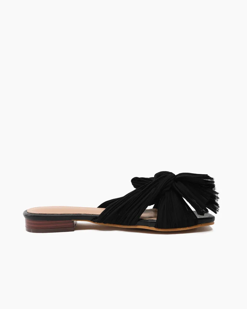 Pleated Bow Open Toe Comfort Slip on Slide Flat Sandals