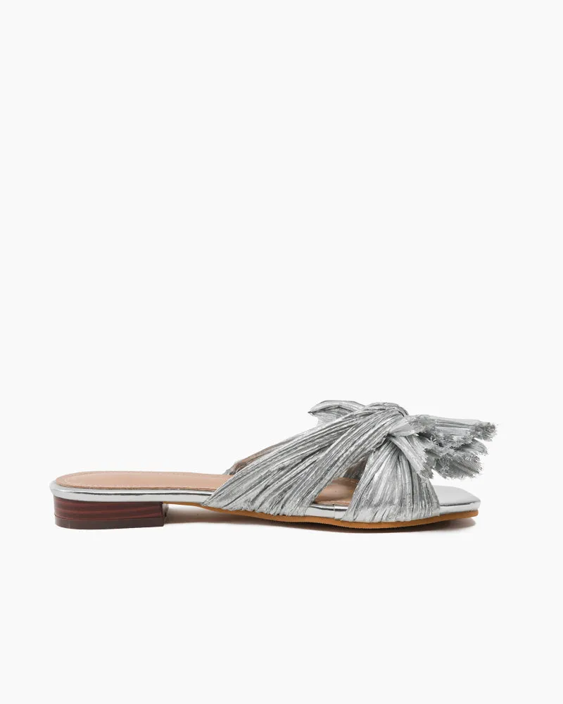 Pleated Bow Open Toe Comfort Slip on Slide Flat Sandals