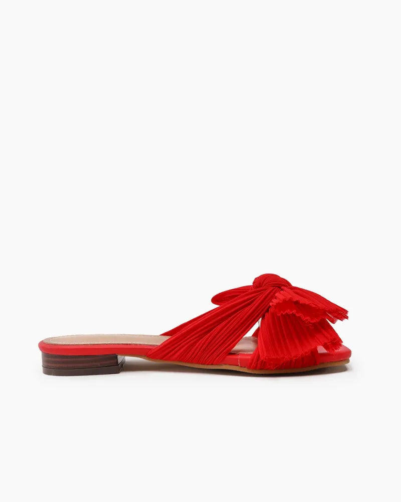 Pleated Bow Open Toe Comfort Slip on Slide Flat Sandals