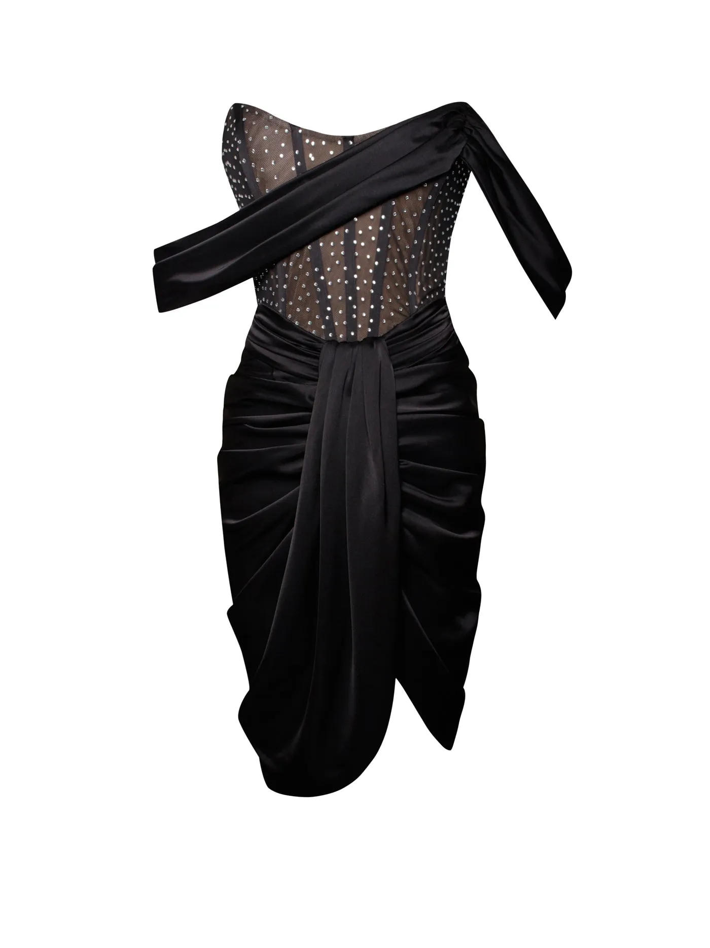 PRE-ORDER Elena Off Shoulder Corset Satin Dress with Crystals x Black