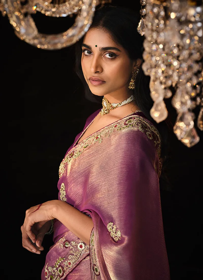 Purple Two Tone Reshamkari Embroidery Fancy Silk Saree